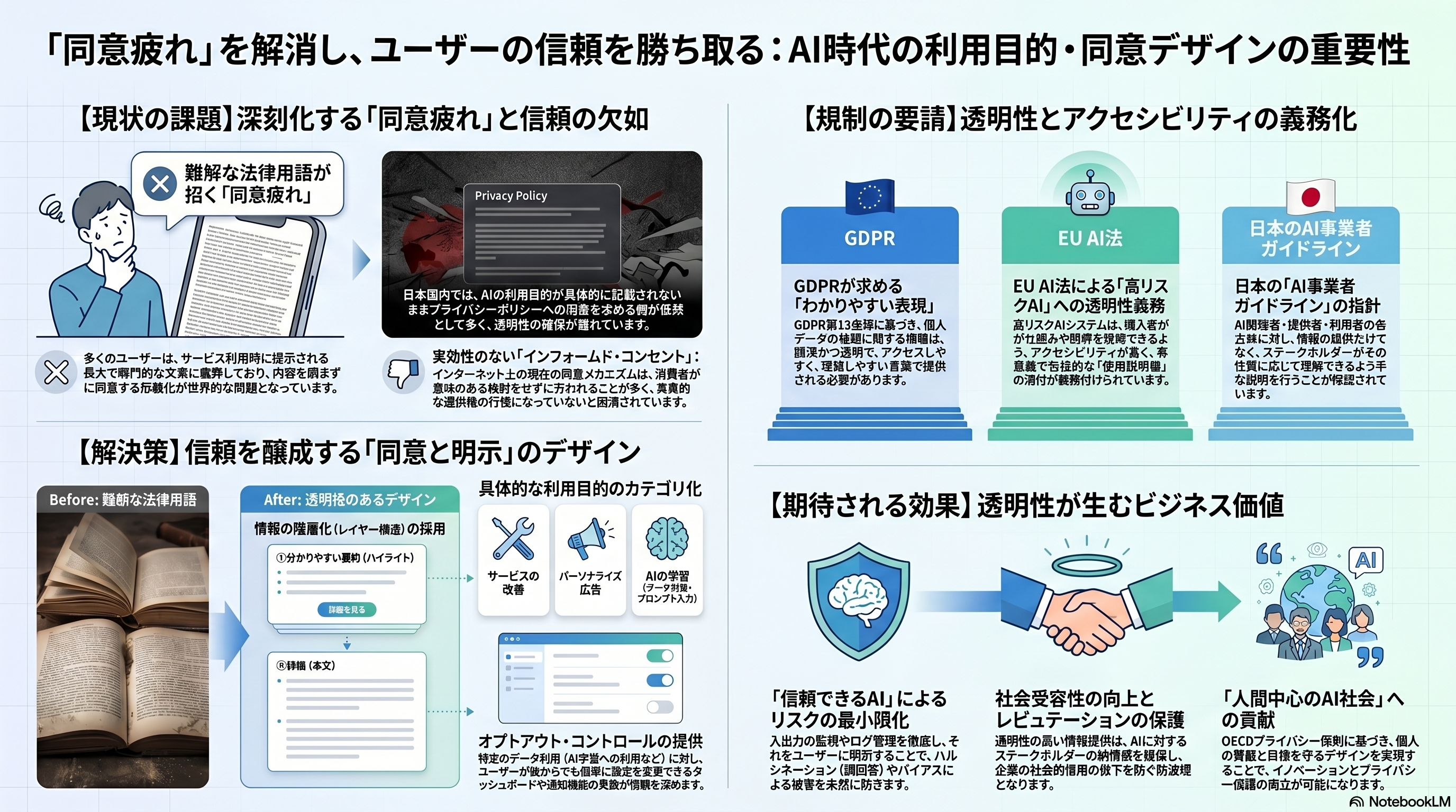 Slide explaining design solutions for obtaining clear user consent for AI usage